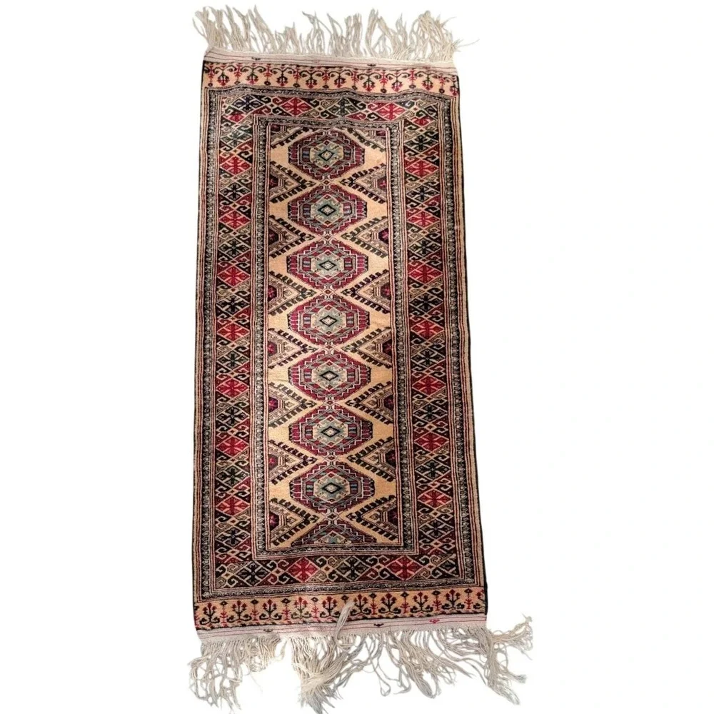 Vintage Tribal Geometric Runner Rug 2x5 Beige Red Wool Hand-Knotted